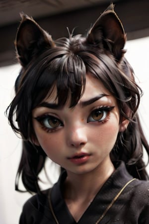 18 year old neko woman. Japanese. warm skin. black hair. black ponytail. black bangs. black cat ears. Large beautiful dark brown eyes. (((dark brown eyes))). small feline nose. cat nose. delicate feline mouth. long black tail.