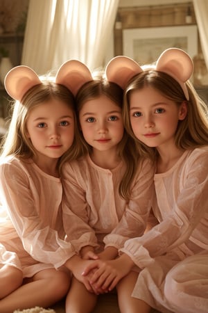 Three sisters, a tender trio, sit together in harmony: the 7-year-old's bright curiosity, the 12-year-old's gentle introspection, and the 18-year-old's wise radiance. Soft golden light bathes their faces, warming the scene as they lean in, hands intertwined, amidst a cozy domestic setting. The photorealistic image glows with a sense of nostalgia, capturing the innocence and beauty of their bond, as the sisters' eyes shine bright with love and connection. all are wearing bear-ears-diadeems and tansparent nightgowns

