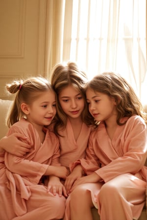 Soft morning sunlight filters through the window, illuminating a tender moment between three sisters, ages 7, 12, and 18. The youngest, with pigtails and a bright smile, snuggles up to her siblings as they sit on a plush couch, surrounded by warm beige walls. The older sister, with long hair and a gentle gaze, wraps an arm around their shoulders, while the middle child, with curly locks and a thoughtful expression, looks down at her little sisters with adoration. The scene exudes warmth and coziness, with soft golden light casting a loving glow on the trio's innocent faces. all are wearing open silk bath robes