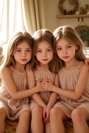 Three sisters, a tender trio, sit together in harmony: the 7-year-old's bright curiosity, the 9-year-old's gentle introspection, and the 12-year-old's wise radiance. Soft golden light bathes their faces, warming the scene as they lean in, touching each other, amidst a cozy domestic setting. The photorealistic image glows with a sense of nostalgia, capturing the innocence and beauty of their bond, as the sisters' eyes shine bright with love and connection. all are wearing loose oversized basket thirts, and no pants

