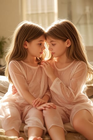 Two sisters, a tender duo, sit together in harmony: the 7-year-old's bright curiosity, the 9-year-old's gentle introspection. Soft golden light bathes their faces, warming the scene as they lean in, looking at each other, touching each other, amidst a cozy domestic setting. there is a atmofhere of love in the setting. The photorealistic image glows with a sense of nostalgia, capturing the innocence and beauty of their bond, as the sisters' eyes shine bright with love and connection. all are wearing loose oversized transparent night gowns, and no pants

