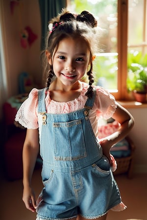 The image is a piece of digital artwork depicting a young girl in a playful pose. It's designed to evoke a sense of innocence and curiosity, with the girl's attire and the surrounding environment suggesting a setting that is both domestic and whimsical. The artwork is likely created to appeal to viewers' nostalgia or fantasy, using visual cues to suggest a story or emotion without direct representation.