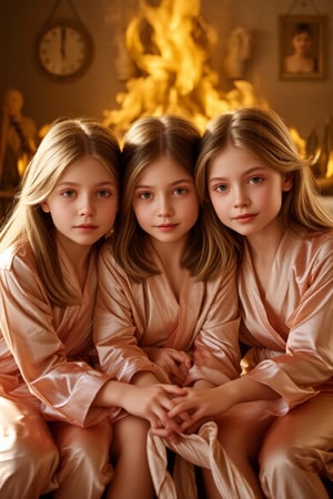 Three sisters, a tender trio, sit together in harmony: the 7-year-old's bright curiosity, the 12-year-old's gentle introspection, and the 18-year-old's wise radiance. Soft golden light bathes their faces, warming the scene as they lean in, hands intertwined, amidst a cozy domestic setting. The photorealistic image glows with a sense of nostalgia, capturing the innocence and beauty of their bond, as the sisters' eyes shine bright with love and connection. all are wearing open silk bathe robes, one of the girls has the bathrobe hanging open.

a wall of fire in the background