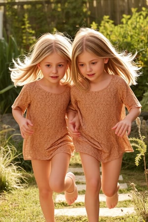 Two sisters, a tender duo, running together in harmony: the 7-year-old's bright curiosity, the 9-year-old's gentle introspection. Soft golden light bathes their faces, warming the scene as they lean in, touching each other, amidst a cozy garden setting. there is a atmofhere of love in the setting. The photorealistic image glows with a sense of nostalgia, capturing the innocence and beauty of their bond, as the sisters' eyes shine bright with love and connection. all are wearing loose oversized basket shirts, and no pants

