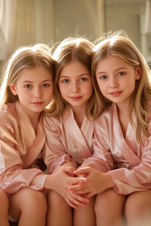 Three sisters, a tender trio, sit together in harmony: the 7-year-old's bright curiosity, the 12-year-old's gentle introspection, and the 18-year-old's wise radiance. Soft golden light bathes their faces, warming the scene as they lean in, hands intertwined, amidst a cozy domestic setting. The photorealistic image glows with a sense of nostalgia, capturing the innocence and beauty of their bond, as the sisters' eyes shine bright with love and connection. all are wearing silk bathe robes