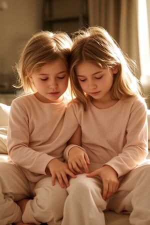 brother and sister, a tender duo, sit together in harmony: the 7-year-old's bright curiosity, the 9-year-old's gentle introspection. Soft golden light bathes their faces, warming the scene as they lean in, touching each other, amidst a cozy domestic setting. there is a atmofhere of love in the setting. The photorealistic image glows with a sense of nostalgia, capturing the innocence and beauty of their bond, as the sisters' eyes shine bright with love and connection. all are wearing loose sleep wear. one has her hands in the pants of the other.

