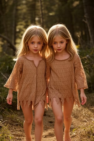 Two sisters, a tender duo, walking together in harmony: the 7-year-old's bright curiosity, the 9-year-old's gentle introspection. Soft golden light bathes their faces, warming the scene as they lean in, skinny, amidst a cozy forest setting. there is a atmofhere of love in the setting. The photorealistic image glows with a sense of nostalgia, capturing the innocence and beauty of their bond, as the sisters' eyes shine bright with love and connection. all are wearing loose oversized basket shirts, and no pants

