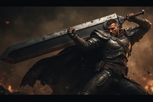 A photorealistic portrait of Guts Berserk, captured mid-swing as he unleashes the full strength of his massive broadsword. The scene is set against a dark, chaotic battlefield, with motion blur enhancing the speed and power of his attack. Guts’ fierce expression and tense muscles reveal his raw determination, while the worn armor and sword glisten under dramatic, directional lighting. Sparks and dust fill the air, adding to the intensity, with dark, smoky tones and flashes of red reflecting the ferocity of the battle. Shadows emphasize the weight and momentum of the swing, immersing the viewer in this powerful moment,High dynamic range style, Fantasy detailers 