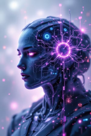 A double exposure portrait of a human silhouette blending into a neon-lit digital network, with the outline of their face fading into glowing circuitry and luminous, intricate patterns. The soft, misty background shifts between organic shapes and sharp digital structures, symbolizing the merger of nature and technology. Gentle, diffused lighting casts an ethereal glow on the figure's face, while bright purple and blue technoglow elements highlight the futuristic digital textures, creating a seamless flow between human and machine,Stylized Double Exposure,Blend In Double Exposure,TechnoGlow