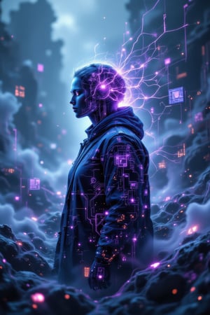 A double exposure portrait of a human silhouette blending into a neon-lit digital network, with the outline of their face fading into glowing circuitry and luminous, intricate patterns. The soft, misty background shifts between organic shapes and sharp digital structures, symbolizing the merger of nature and technology. Gentle, diffused lighting casts an ethereal glow on the figure's face, while bright purple and blue technoglow elements highlight the futuristic digital textures, creating a seamless flow between human and machine,Stylized Double Exposure,Blend In Double Exposure,TechnoGlow