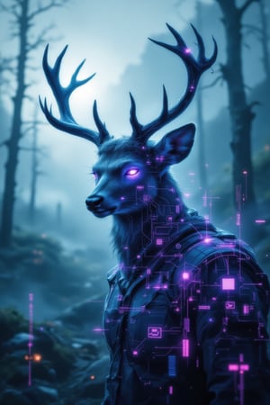 A stylized artistic portrait in double exposure of a graceful deer with branching antlers merging with futuristic technology, the deer's eyes show a serene expression. Its profile dissolves into a digital matrix with neon circuitry patterns glowing in purple and cyan, creating a dynamic contrast. The background is a misty forest intertwined with high-tech neon-lit digital components, blending natural elements with technology. Soft ambient lighting enhances the peaceful and reflective mood, while intense technoglow effects emphasize the digital transformation. The scene captures a harmonious blend of wildlife essence and technological evolutio,Stylized Double Exposure,Blend In Double Exposure,TechnoGlow,cinematic dramatic color style