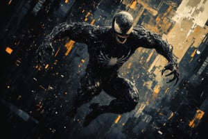 A dynamic action-packed digital illustration of Venom symbiote in a high-focus flying kick, captured from a top-down aerial view. Venom's intense expression and powerful kick are emphasized as they soar above a gritty urban cityscape, with graffiti-covered walls and concrete surfaces below. Strong midday sunlight casts sharp shadows beneath, accentuating the motion. Warm sunlight contrasts with the cool urban tones, while the Venom's slimy symbiotic body stands out against the muted background. pixel art style, pixelated design, flat, uses pixelated graphics reminiscent of classic video games, charming simplicity, intricate detailing despite limited resolution,EmberPixelNoir