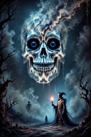 A stunning digital masterpiece that blends three distinct elements: a glowing, translucent skull, a mysterious, floating island in a surreal landscape with upside-down trees, and a mystical, dark forest scene featuring a steampunk jester holding a torch. The skull is embedded into the landscape of the floating island, with the trees surrounding it and faint, ghostly figures hovering in the sky. The jester stands in the foreground, their torchlight casting eerie shadows and illuminating intricate mechanical details of their armor. The scene is infused with dark, moody lighting, with subtle hints of blue and orange hues adding depth and atmosphere. The background features swirling clouds and fog, enhancing the eerie and magical ambiance.,XRayVision,SkeletonSpectrum,DonM5h4d0wM317FX