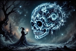 A stunning digital masterpiece that blends three distinct elements: a glowing, translucent skull, a mysterious, floating island in a surreal landscape with upside-down trees, and a mystical, dark forest scene featuring a steampunk jester holding a torch. The skull is embedded into the landscape of the floating island, with the trees surrounding it and faint, ghostly figures hovering in the sky. The jester stands in the foreground, their torchlight casting eerie shadows and illuminating intricate mechanical details of their armor. The scene is infused with dark, moody lighting, with subtle hints of blue and orange hues adding depth and atmosphere. The background features swirling clouds and fog, enhancing the eerie and magical ambiance.,XRayVision,SkeletonSpectrum,DonM5h4d0wM317FX