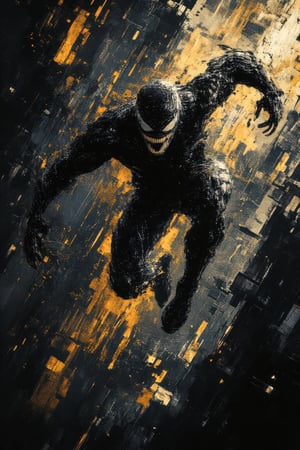 A dynamic action-packed digital illustration of Venom symbiote in a high-focus flying kick, captured from a top-down aerial view. Venom's intense expression and powerful kick are emphasized as they soar above a gritty urban cityscape, with graffiti-covered walls and concrete surfaces below. Strong midday sunlight casts sharp shadows beneath, accentuating the motion. Warm sunlight contrasts with the cool urban tones, while the Venom's slimy symbiotic body stands out against the muted background. pixel art style, pixelated design, flat, uses pixelated graphics reminiscent of classic video games, charming simplicity, intricate detailing despite limited resolution,EmberPixelNoir