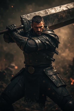 A photorealistic portrait of Guts Berserk, captured mid-swing as he unleashes the full strength of his massive broadsword. The scene is set against a dark, chaotic battlefield, with motion blur enhancing the speed and power of his attack. Guts’ fierce expression and tense muscles reveal his raw determination, while the worn armor and sword glisten under dramatic, directional lighting. Sparks and dust fill the air, adding to the intensity, with dark, smoky tones and flashes of red reflecting the ferocity of the battle. Shadows emphasize the weight and momentum of the swing, immersing the viewer in this powerful moment,High dynamic range style, Fantasy detailers 