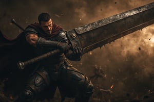 A photorealistic portrait of Guts Berserk, captured mid-swing as he unleashes the full strength of his massive broadsword. The scene is set against a dark, chaotic battlefield, with motion blur enhancing the speed and power of his attack. Guts’ fierce expression and tense muscles reveal his raw determination, while the worn armor and sword glisten under dramatic, directional lighting. Sparks and dust fill the air, adding to the intensity, with dark, smoky tones and flashes of red reflecting the ferocity of the battle. Shadows emphasize the weight and momentum of the swing, immersing the viewer in this powerful moment,High dynamic range style, Fantasy detailers 