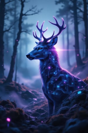 A stylized artistic portrait in double exposure of a graceful deer with branching antlers merging with futuristic technology, the deer's eyes show a serene expression. Its profile dissolves into a digital matrix with neon circuitry patterns glowing in purple and cyan, creating a dynamic contrast. The background is a misty forest intertwined with high-tech neon-lit digital components, blending natural elements with technology. Soft ambient lighting enhances the peaceful and reflective mood, while intense technoglow effects emphasize the digital transformation. The scene captures a harmonious blend of wildlife essence and technological evolutio,Stylized Double Exposure,Blend In Double Exposure,TechnoGlow,cinematic dramatic color style