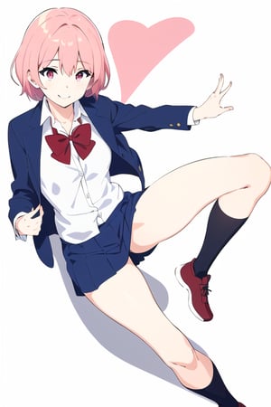 1girl, solo, smile, short hair, school uniform, jacket, pink hair, pink eyes, red bow, full body, kicking, high angle view, solid white background