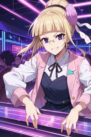 score_9,score_8_up,score_7_up,source_anime,BREAK
1girl, solo,
Mashiro, blonde hair, hair ornament, glasses, purple eyes, hair flower, bangs, blunt bangs, single hair bun, semi-rimless eyewear,
happy smile, dancing bar, disco, light, dark,