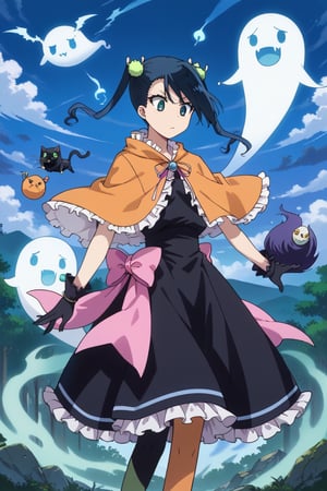 score_9,score_8_up,score_7_up,source_anime,BREAK
1girl, solo,
Hibachi, blue hair, twintails, short hair, green eyes,
ghost,black cat,frilled dress,orange dress,black dress,multicolored clothes,cloak,silk,floating object,eushully,liselle,long hair,black hair,blue eyes,looking down,stirring,mismatched legwear,long skirt,attack,orange 