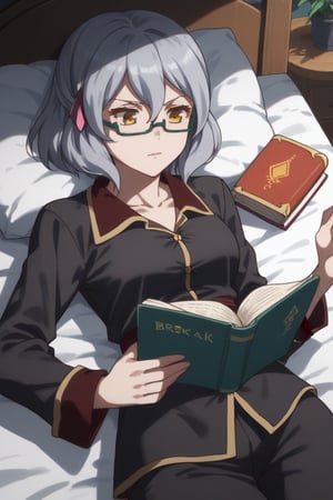 score_9,score_8_up,score_7_up,source_anime,BREAK
1girl, solo,

Miranda, glasses, orange eyes, hair ornament, semi-rimless eyewear, grey hair, short hair,

black pajamas,

reading a book, lying on back, bed,