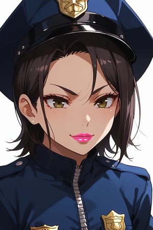 score_9,score_8_up,score_7_up,source_anime,BREAK
1girl, solo,

Miyasato Aoi, black hair, brown eyes, short hair, lipstick, pink lipstick

smile, police uniform, hat