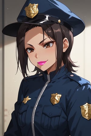 score_9,score_8_up,score_7_up,source_anime,BREAK
1girl, solo,

Miyasato Aoi, black hair, brown eyes, short hair, lipstick, pink lipstick

smile, police uniform, hat