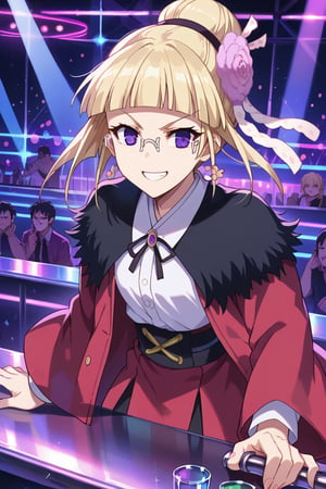 score_9,score_8_up,score_7_up,source_anime,BREAK
1girl, solo,
Mashiro, blonde hair, hair ornament, glasses, purple eyes, hair flower, bangs, blunt bangs, single hair bun, semi-rimless eyewear,
happy smile, dancing bar, disco, light, dark,