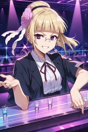 score_9,score_8_up,score_7_up,source_anime,BREAK
1girl, solo,
Mashiro, blonde hair, hair ornament, glasses, purple eyes, hair flower, bangs, blunt bangs, single hair bun, semi-rimless eyewear,
happy smile, dancing bar, disco, light, dark,