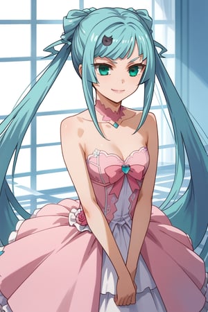 score_9,score_8_up,score_7_up,source_anime,BREAK
1girl, solo,
Sagara Momoka, green eyes, blue hair, long hair, very long hair, twintails, hair ornament
wedding dress, pink dress, smile,