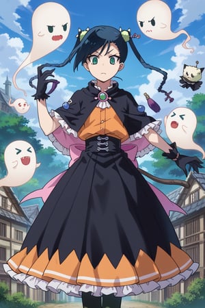 score_9,score_8_up,score_7_up,source_anime,BREAK
1girl, solo,
Hibachi, blue hair, twintails, short hair, green eyes,
ghost,black cat,frilled dress,orange dress,black dress,multicolored clothes,cloak,silk,floating object,eushully,liselle,long hair,black hair,blue eyes,looking down,stirring,mismatched legwear,long skirt,attack,orange 