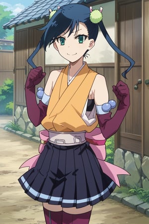 score_9,score_8_up,score_7_up,source_anime,BREAK
1girl, solo,
Hibachi, blue hair, twintails, short hair, green eyes,
pleated skirt purple thighhighs elbow gloves yellow shirt japanese clothes sarashi pink bow, smile 