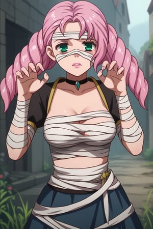 score_9,score_8_up,score_7_up,source_anime,BREAK
1girl, solo,

Marianne,pink lipstick,pink hair,drill hair,long hair,green eyes

ripped black pantyhose,

outside,

mummy costume, bandages, bandaged arm, zombie pose, bandage on face,