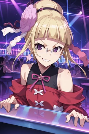 score_9,score_8_up,score_7_up,source_anime,BREAK
1girl, solo,
Mashiro, blonde hair, hair ornament, glasses, purple eyes, hair flower, bangs, blunt bangs, single hair bun, semi-rimless eyewear,
happy smile, dancing bar, disco, light, dark,