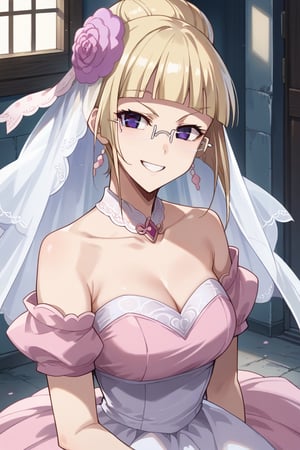 score_9,score_8_up,score_7_up,source_anime,BREAK
1girl, solo,
Mashiro, blonde hair, hair ornament, glasses, purple eyes, hair flower, bangs, blunt bangs, single hair bun, semi-rimless eyewear,
wedding dress, pink dress, smile,