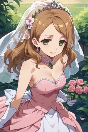 score_9,score_8_up,score_7_up,source_anime,BREAK
1girl, solo,
Kirii Futaba, long hair, brown hair, green eyes,
wedding dress, pink dress, smile,