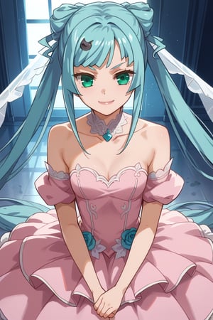 score_9,score_8_up,score_7_up,source_anime,BREAK
1girl, solo,
Sagara Momoka, green eyes, blue hair, long hair, very long hair, twintails, hair ornament
wedding dress, pink dress, smile,