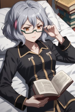 score_9,score_8_up,score_7_up,source_anime,BREAK
1girl, solo,

Miranda, glasses, orange eyes, hair ornament, semi-rimless eyewear, grey hair, short hair,

black pajamas,

reading a book, lying on back, bed,