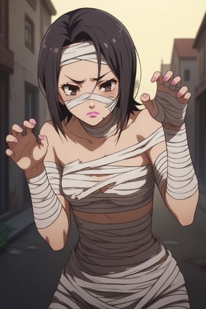 score_9,score_8_up,score_7_up,source_anime,BREAK
1girl, solo,

Miyasato Aoi, black hair, brown eyes, short hair, lipstick, pink lipstick

ripped black pantyhose,

outside, mummy costume, bandages, bandaged arm, zombie pose, bandage on face,