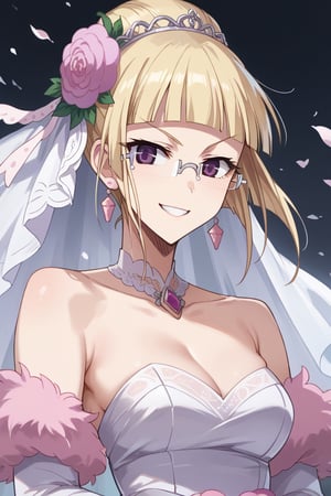 score_9,score_8_up,score_7_up,source_anime,BREAK
1girl, solo,
Mashiro, blonde hair, hair ornament, glasses, purple eyes, hair flower, bangs, blunt bangs, single hair bun, semi-rimless eyewear,
wedding dress, pink dress, smile,