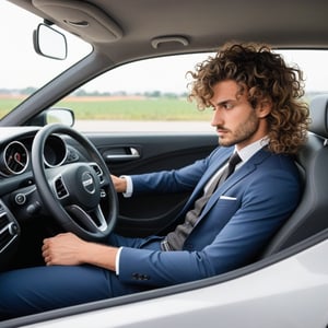 handsome 40 years old male, brown wavy hair,  very attractive, athletic and slim, wearing formal clothes, driving a sport car in an italian city