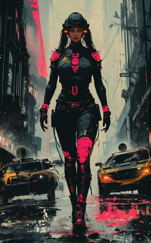 rough Impressionist painting of a futuristic female soldier with Cybernetic enhancements, neonpunk city in the background with futuristic military vehicles, rain, wet asphalt.,RETRO FUTURISTIC,Ink art style