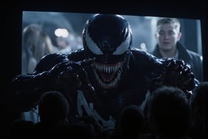 A hyper-realistic image from the perspective of being inside a movie, looking out toward a real-life cinema audience reacting in terror and shock as Venom’s symbiotic hand reaches out from within the screen. The audience’s expressions range from gasps to covering faces in fear, as they see Venom break the barrier between film and reality. The edges of the cinema screen frame the scene, adding depth to the view from within. Dramatic lighting from the screen casts intense highlights and shadows across the audience, enhancing their expressions and reactions. The scene features dark, moody tones, with sharp contrasts between the symbiotic hand’s organic, dark texture and the bright glow illuminating the audience, creating an immersive, surreal moment,DRK,1stPOV_flx