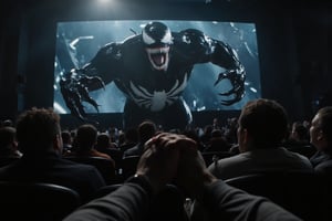 A hyper-realistic image from the perspective of being inside a movie, looking out toward a real-life cinema audience reacting in terror and shock as Venom’s symbiotic hand reaches out from within the screen. The audience’s expressions range from gasps to covering faces in fear, as they see Venom break the barrier between film and reality. The edges of the cinema screen frame the scene, adding depth to the view from within. Dramatic lighting from the screen casts intense highlights and shadows across the audience, enhancing their expressions and reactions. The scene features dark, moody tones, with sharp contrasts between the symbiotic hand’s organic, dark texture and the bright glow illuminating the audience, creating an immersive, surreal moment,1stPOV_flx