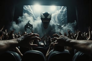 A hyper-realistic image from the perspective of being inside a movie, looking out toward a real-life cinema audience reacting in terror and shock as Venom’s symbiotic hand reaches out from within the screen. The audience’s expressions range from gasps to covering faces in fear, as they see Venom break the barrier between film and reality. The edges of the cinema screen frame the scene, adding depth to the view from within. Dramatic lighting from the screen casts intense highlights and shadows across the audience, enhancing their expressions and reactions. The scene features dark, moody tones, with sharp contrasts between the symbiotic hand’s organic, dark texture and the bright glow illuminating the audience, creating an immersive, surreal moment,1stPOV_flx,AHaunted,professional film grain horror photography of a dark cursed,smoke and gas spirit rising up