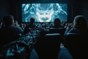 A realistic first-person perspective from Venom on the cinema screen, reaching a symbiotic hand toward a shocked audience. The cinema is dimly lit, with a bright, eerie glow casting dramatic highlights on the startled faces of the audience as they react in fear and surprise. Some are leaning back, covering their faces, or grabbing the arms of their seats, adding to the intensity. The organic, darkly textured symbiotic hand appears close in the foreground, reaching forward with lifelike movement. The scene is framed by the edges of the cinema screen, giving a sense of depth and immersion from Venom’s point of view, with a moody color palette of dark tones contrasting against the glow from the screen,DRK,1stPOV_flx