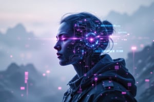 A stylized artistic portrait in double exposure of a human silhouette merging with futuristic technology, the figure's face shows introspective expression. Their profile dissolves into a digital matrix with neon circuitry patterns glowing in purple and cyan, creating a dynamic contrast. The background is a foggy, ethereal landscape fading into high-tech neon-lit digital components, intertwining nature with technology. Soft ambient lighting enhances the serene and reflective mood, while intense technoglow effects emphasize the digital transformation. The scene captures a futuristic blend of human essence and technological evolution,Stylized Double Exposure,Blend In Double Exposure,TechnoGlow,cinematic dramatic color style