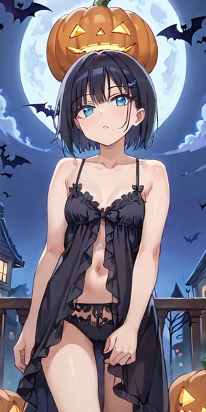 1 black babydoll dress girl looking to viewer, short black hair, halloween, midnight