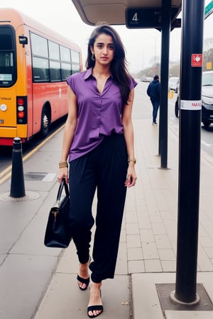 Lovely cute hot Disha patani, acute an Instagram model 22 years old, full-length, long blonde_hair, black hair, no smiley face, winter,standing on a bus stop, Indian, wearing a purple color full kurti, black Lengis pants 